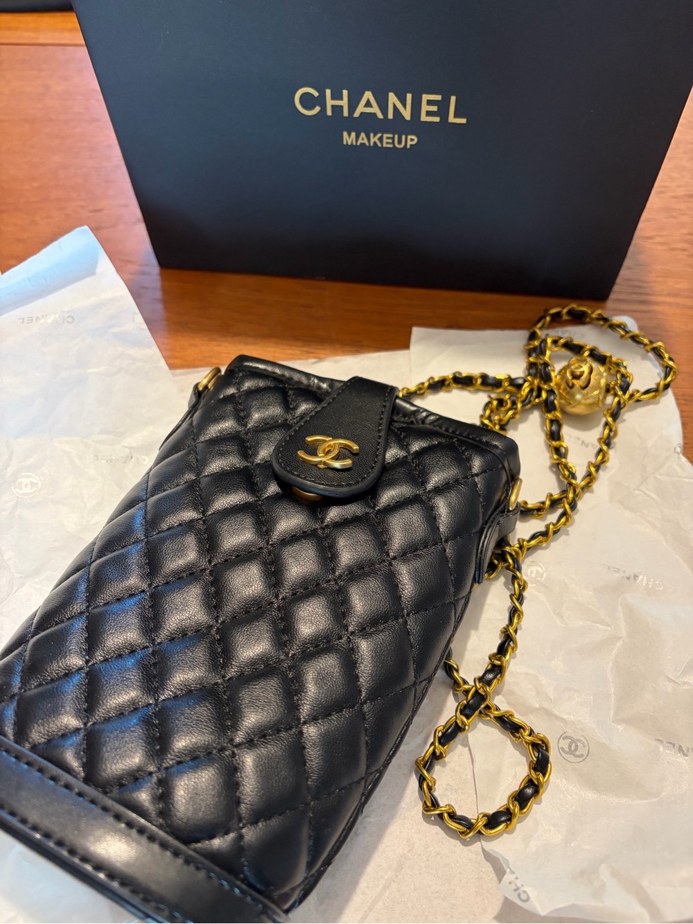 CHANEL Beauty Black Quilted Leather Mini Crossbody with Gold-Tone Chain